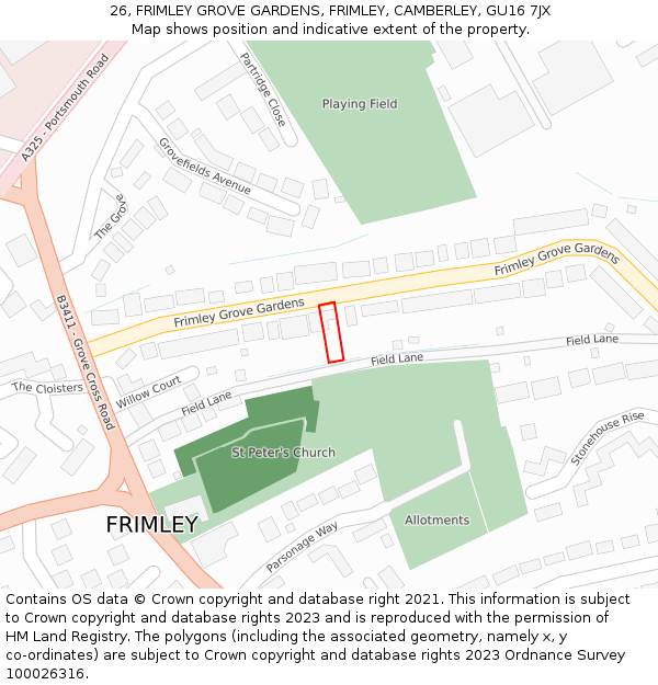 26, FRIMLEY GROVE GARDENS, FRIMLEY, CAMBERLEY, GU16 7JX: Location map and indicative extent of plot
