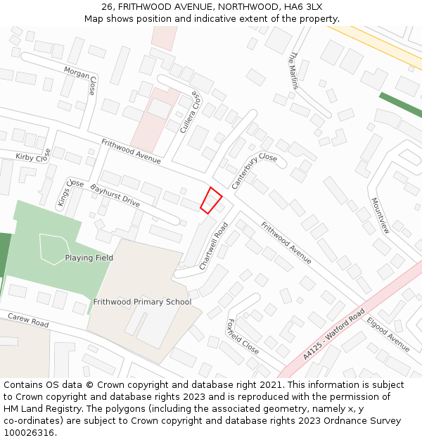 26, FRITHWOOD AVENUE, NORTHWOOD, HA6 3LX: Location map and indicative extent of plot