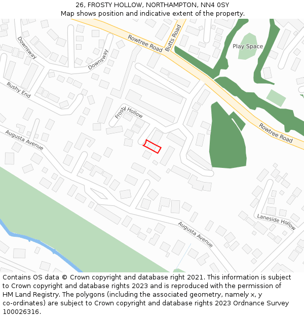 26, FROSTY HOLLOW, NORTHAMPTON, NN4 0SY: Location map and indicative extent of plot