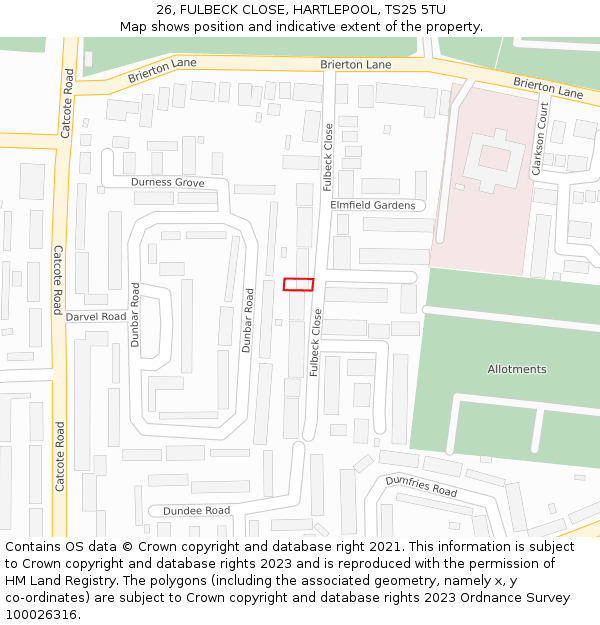 26, FULBECK CLOSE, HARTLEPOOL, TS25 5TU: Location map and indicative extent of plot