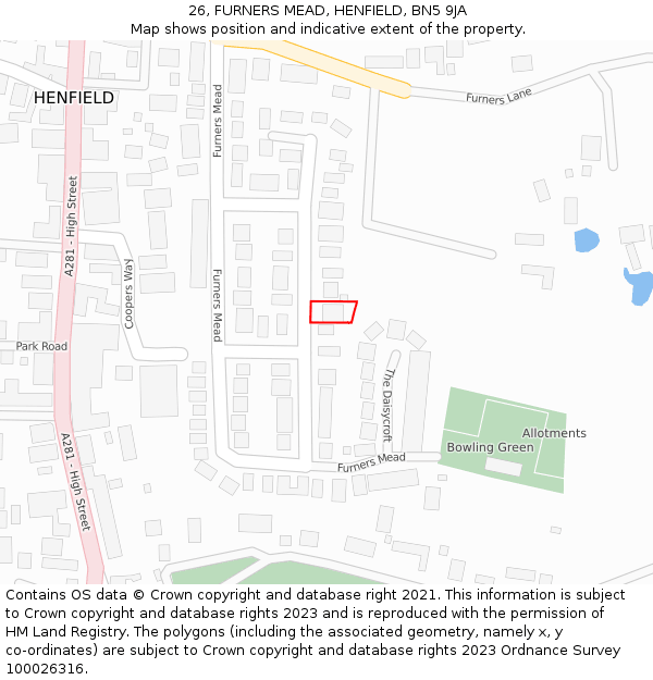 26, FURNERS MEAD, HENFIELD, BN5 9JA: Location map and indicative extent of plot