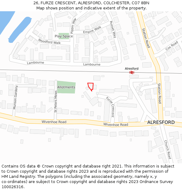 26, FURZE CRESCENT, ALRESFORD, COLCHESTER, CO7 8BN: Location map and indicative extent of plot