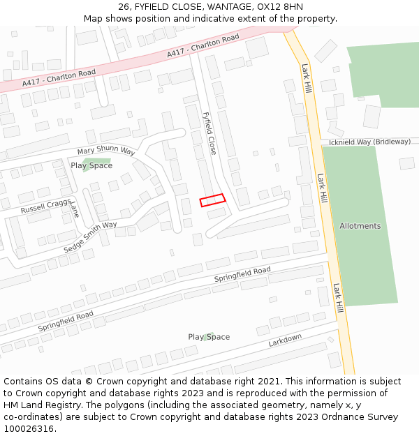 26, FYFIELD CLOSE, WANTAGE, OX12 8HN: Location map and indicative extent of plot