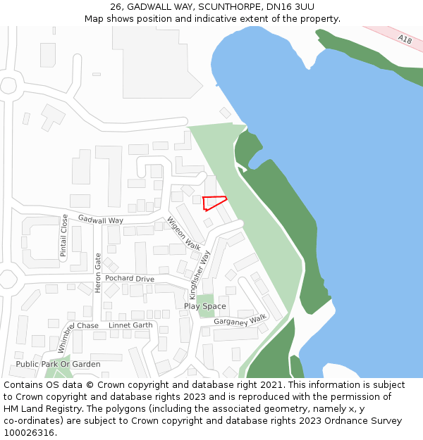 26, GADWALL WAY, SCUNTHORPE, DN16 3UU: Location map and indicative extent of plot