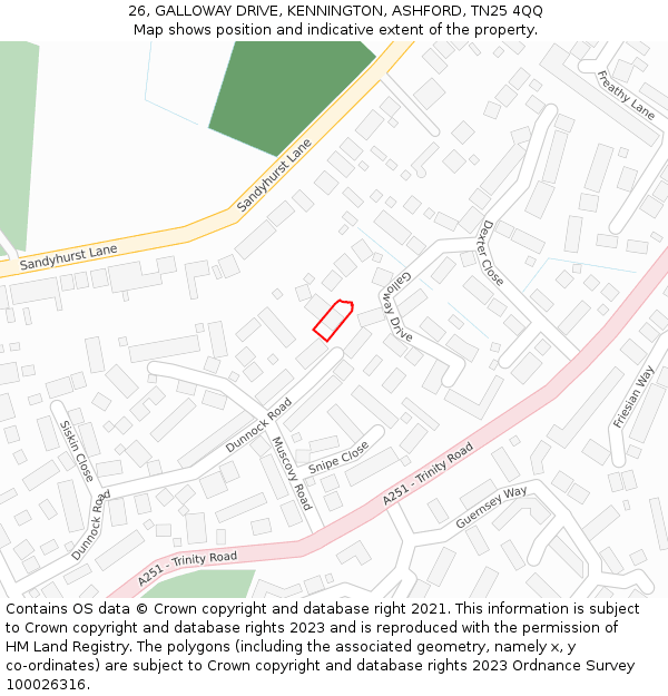 26, GALLOWAY DRIVE, KENNINGTON, ASHFORD, TN25 4QQ: Location map and indicative extent of plot