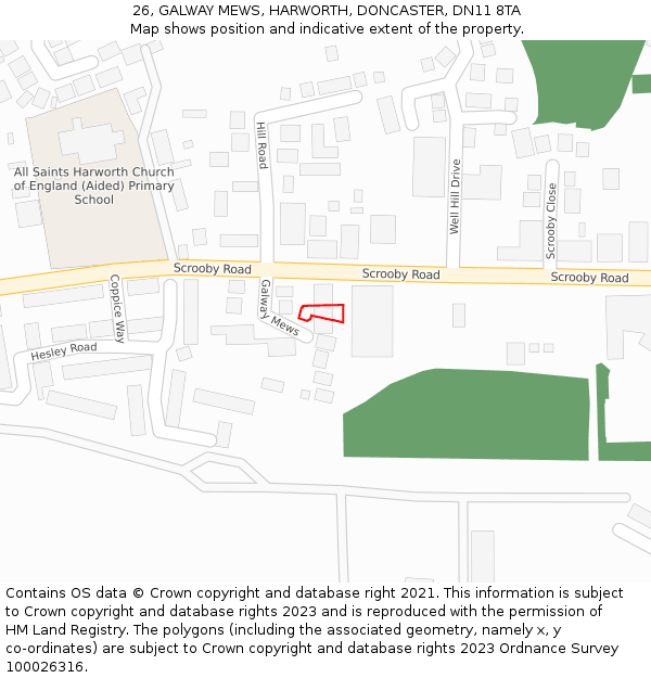 26, GALWAY MEWS, HARWORTH, DONCASTER, DN11 8TA: Location map and indicative extent of plot