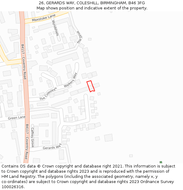 26, GERARDS WAY, COLESHILL, BIRMINGHAM, B46 3FG: Location map and indicative extent of plot