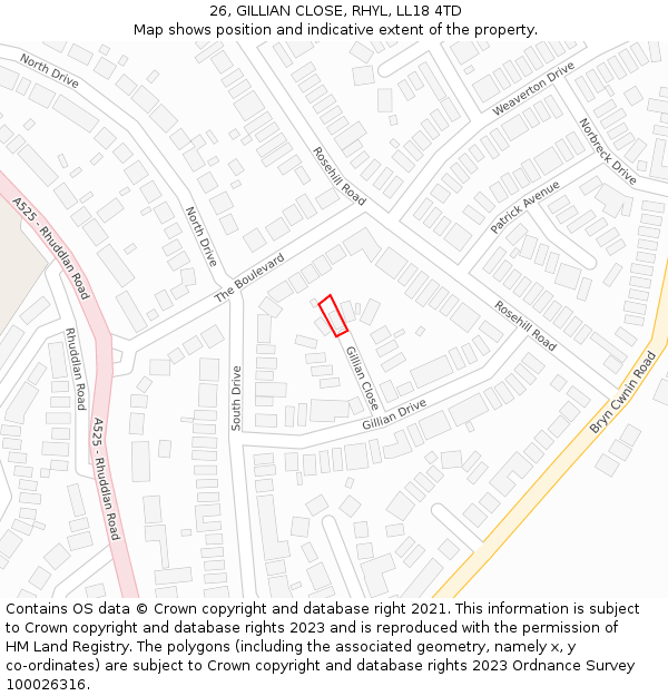 26, GILLIAN CLOSE, RHYL, LL18 4TD: Location map and indicative extent of plot