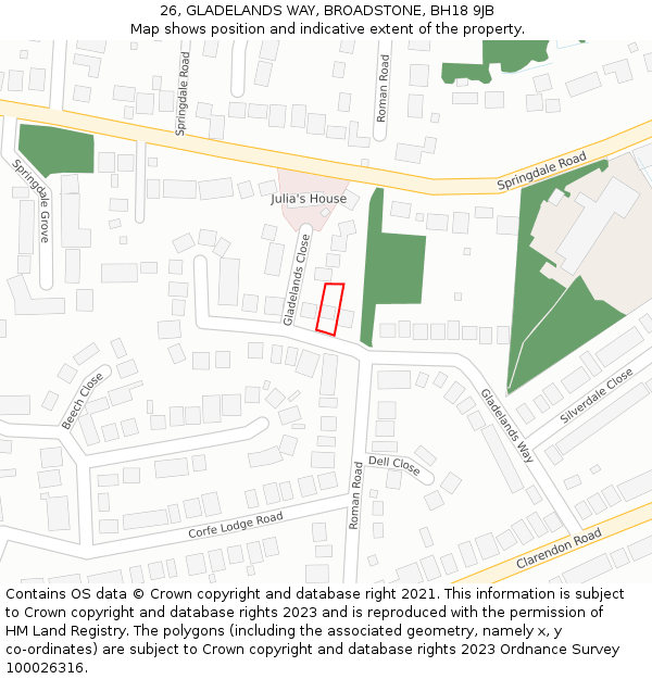 26, GLADELANDS WAY, BROADSTONE, BH18 9JB: Location map and indicative extent of plot