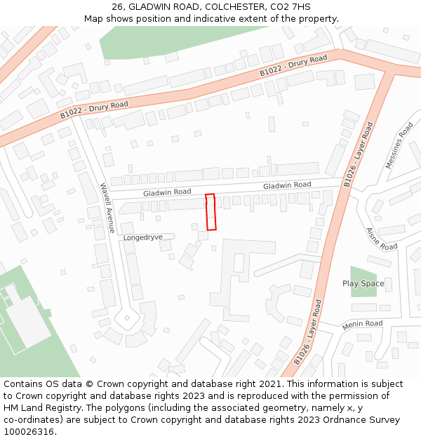 26, GLADWIN ROAD, COLCHESTER, CO2 7HS: Location map and indicative extent of plot