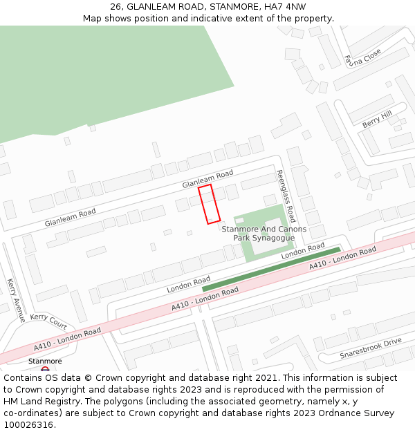 26, GLANLEAM ROAD, STANMORE, HA7 4NW: Location map and indicative extent of plot