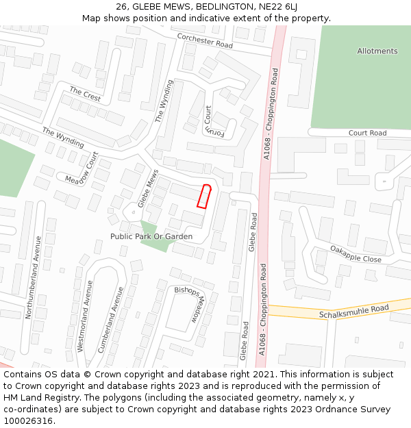 26, GLEBE MEWS, BEDLINGTON, NE22 6LJ: Location map and indicative extent of plot