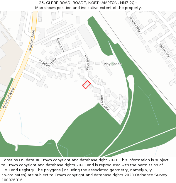 26, GLEBE ROAD, ROADE, NORTHAMPTON, NN7 2QH: Location map and indicative extent of plot