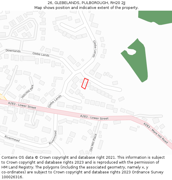 26, GLEBELANDS, PULBOROUGH, RH20 2JJ: Location map and indicative extent of plot