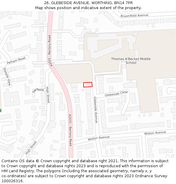 26, GLEBESIDE AVENUE, WORTHING, BN14 7PR: Location map and indicative extent of plot