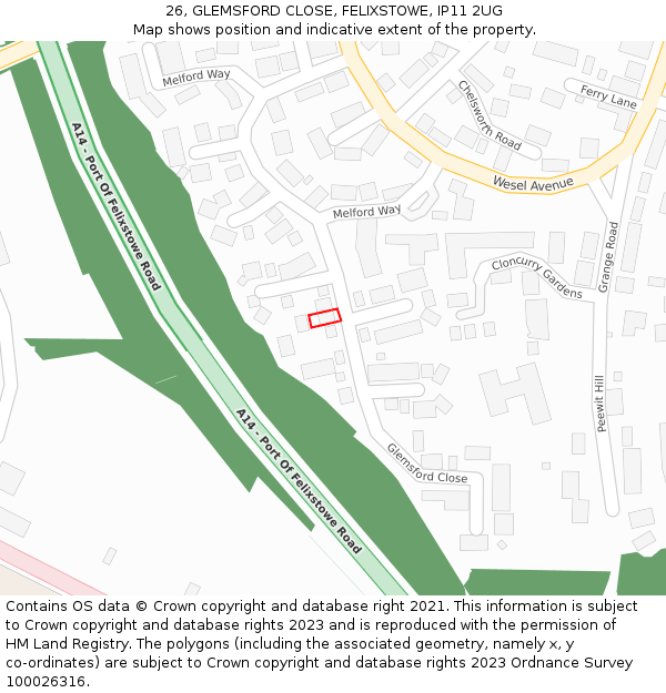 26, GLEMSFORD CLOSE, FELIXSTOWE, IP11 2UG: Location map and indicative extent of plot