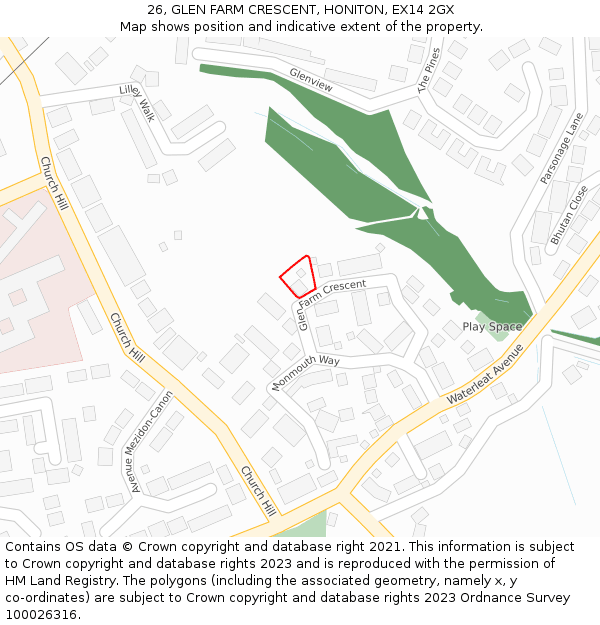 26, GLEN FARM CRESCENT, HONITON, EX14 2GX: Location map and indicative extent of plot