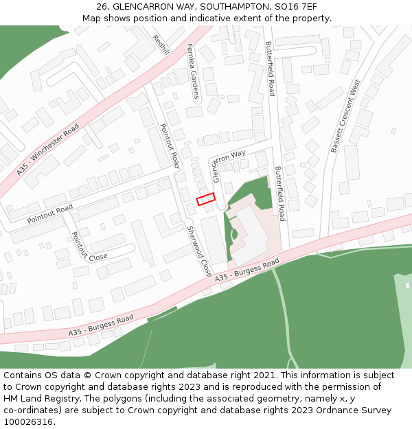 26, GLENCARRON WAY, SOUTHAMPTON, SO16 7EF: Location map and indicative extent of plot