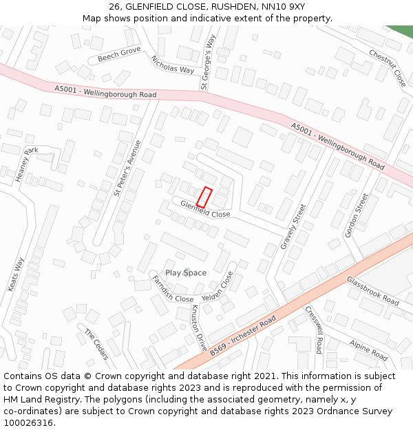 26, GLENFIELD CLOSE, RUSHDEN, NN10 9XY: Location map and indicative extent of plot