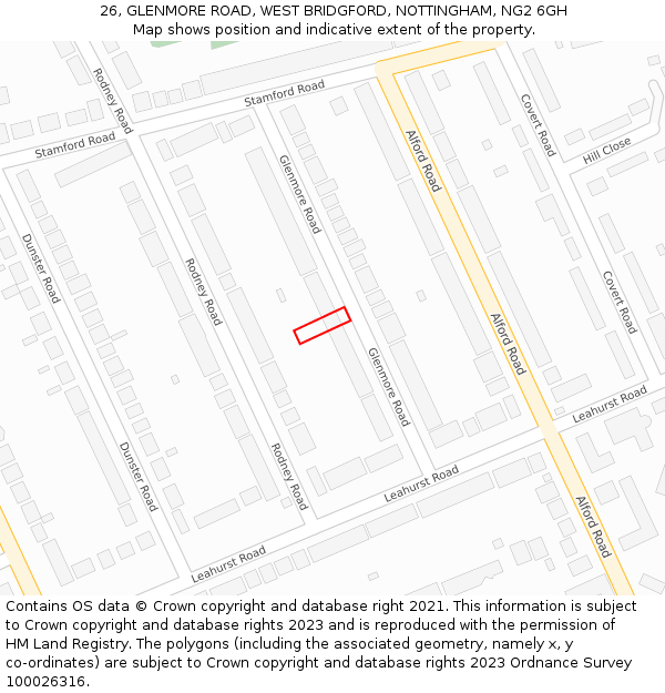 26, GLENMORE ROAD, WEST BRIDGFORD, NOTTINGHAM, NG2 6GH: Location map and indicative extent of plot