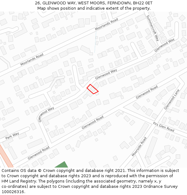 26, GLENWOOD WAY, WEST MOORS, FERNDOWN, BH22 0ET: Location map and indicative extent of plot