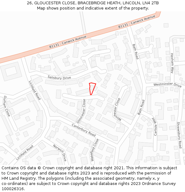 26, GLOUCESTER CLOSE, BRACEBRIDGE HEATH, LINCOLN, LN4 2TB: Location map and indicative extent of plot