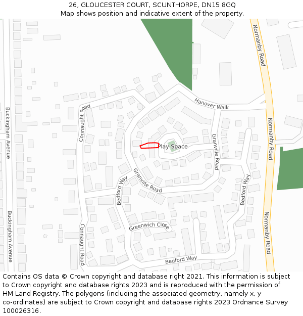 26, GLOUCESTER COURT, SCUNTHORPE, DN15 8GQ: Location map and indicative extent of plot