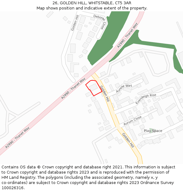 26, GOLDEN HILL, WHITSTABLE, CT5 3AR: Location map and indicative extent of plot