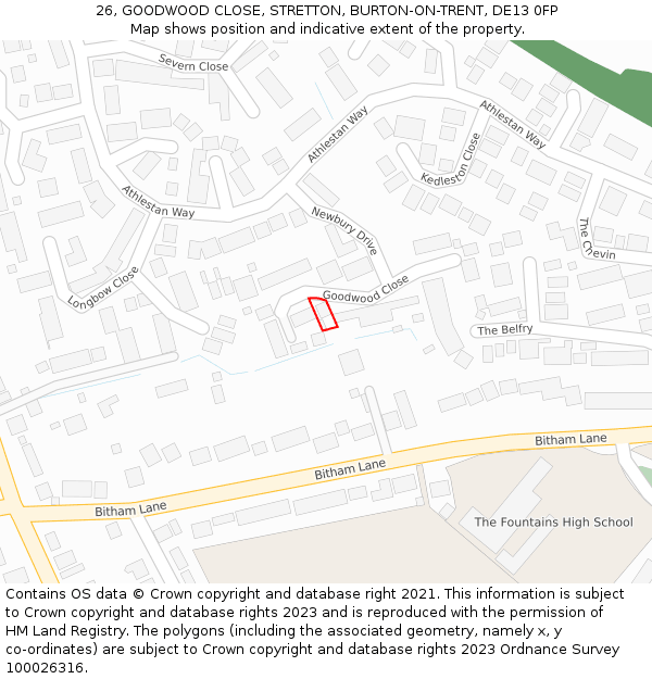 26, GOODWOOD CLOSE, STRETTON, BURTON-ON-TRENT, DE13 0FP: Location map and indicative extent of plot