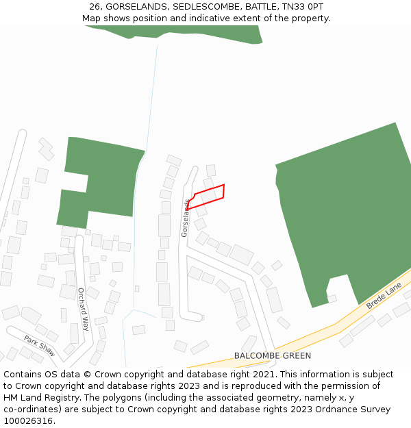 26, GORSELANDS, SEDLESCOMBE, BATTLE, TN33 0PT: Location map and indicative extent of plot