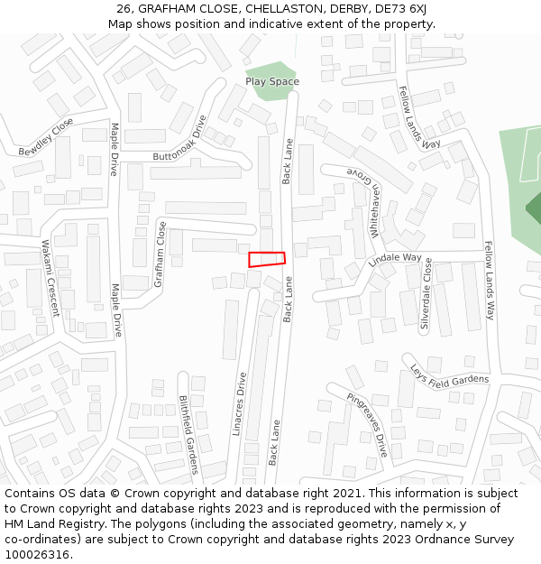 26, GRAFHAM CLOSE, CHELLASTON, DERBY, DE73 6XJ: Location map and indicative extent of plot