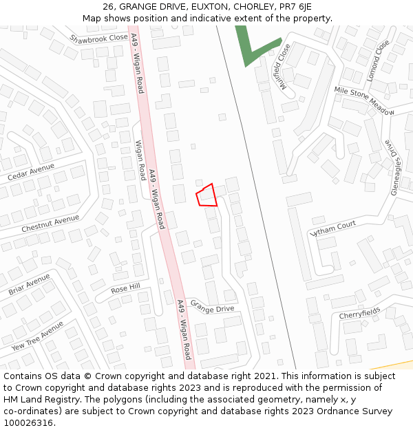 26, GRANGE DRIVE, EUXTON, CHORLEY, PR7 6JE: Location map and indicative extent of plot