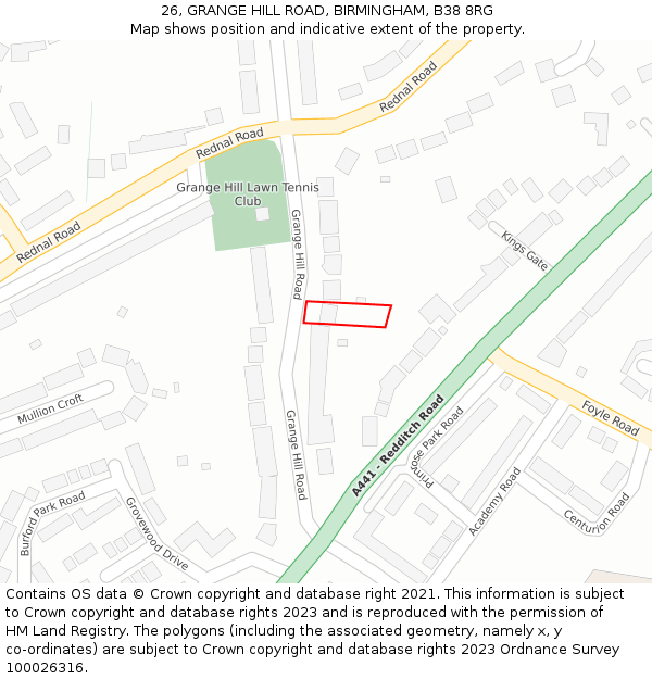 26, GRANGE HILL ROAD, BIRMINGHAM, B38 8RG: Location map and indicative extent of plot