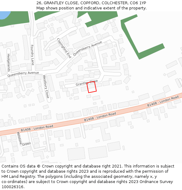 26, GRANTLEY CLOSE, COPFORD, COLCHESTER, CO6 1YP: Location map and indicative extent of plot