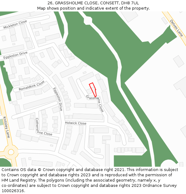 26, GRASSHOLME CLOSE, CONSETT, DH8 7UL: Location map and indicative extent of plot