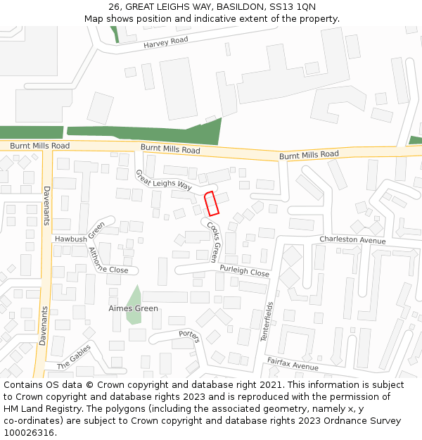 26, GREAT LEIGHS WAY, BASILDON, SS13 1QN: Location map and indicative extent of plot