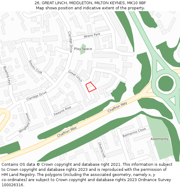 26, GREAT LINCH, MIDDLETON, MILTON KEYNES, MK10 9BF: Location map and indicative extent of plot