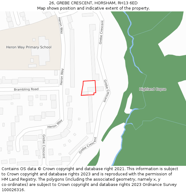 26, GREBE CRESCENT, HORSHAM, RH13 6ED: Location map and indicative extent of plot