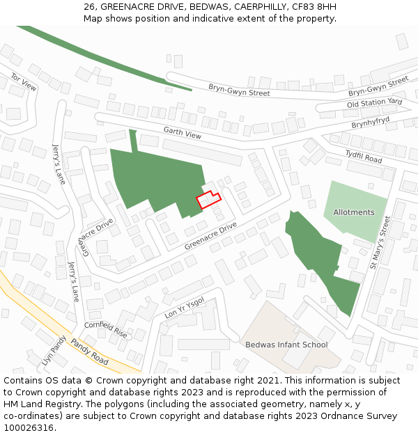 26, GREENACRE DRIVE, BEDWAS, CAERPHILLY, CF83 8HH: Location map and indicative extent of plot