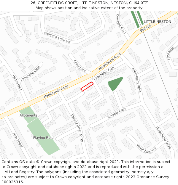 26, GREENFIELDS CROFT, LITTLE NESTON, NESTON, CH64 0TZ: Location map and indicative extent of plot