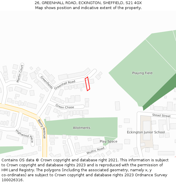 26, GREENHALL ROAD, ECKINGTON, SHEFFIELD, S21 4GX: Location map and indicative extent of plot