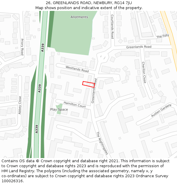 26, GREENLANDS ROAD, NEWBURY, RG14 7JU: Location map and indicative extent of plot