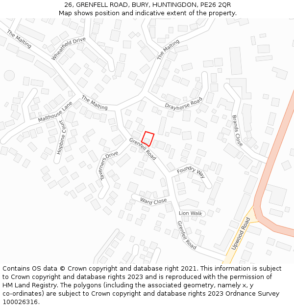 26, GRENFELL ROAD, BURY, HUNTINGDON, PE26 2QR: Location map and indicative extent of plot