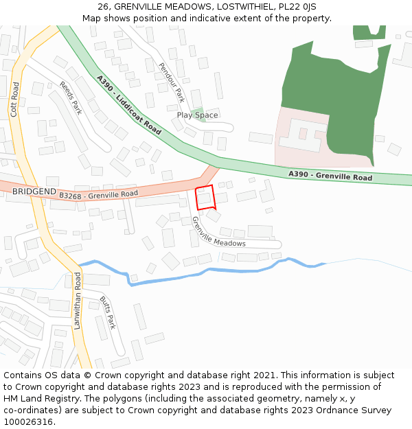 26, GRENVILLE MEADOWS, LOSTWITHIEL, PL22 0JS: Location map and indicative extent of plot