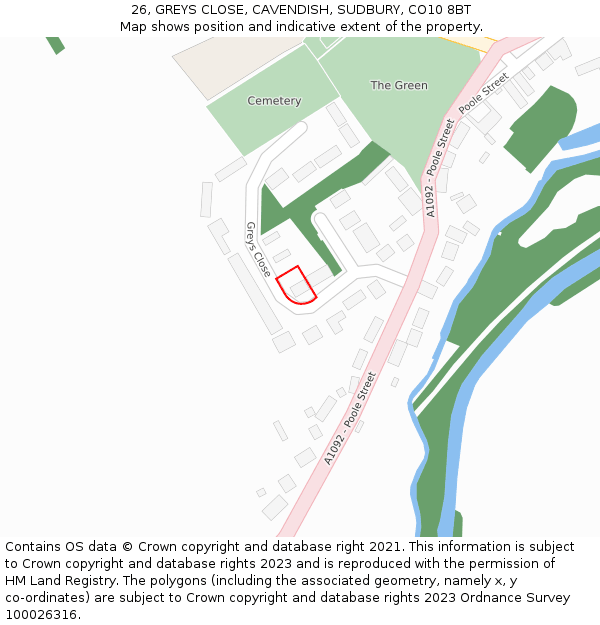 26, GREYS CLOSE, CAVENDISH, SUDBURY, CO10 8BT: Location map and indicative extent of plot