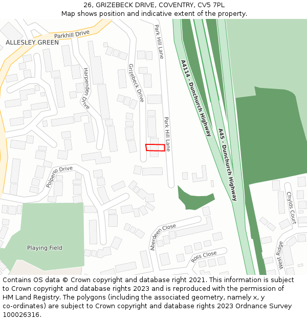 26, GRIZEBECK DRIVE, COVENTRY, CV5 7PL: Location map and indicative extent of plot