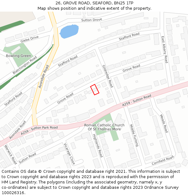 26, GROVE ROAD, SEAFORD, BN25 1TP: Location map and indicative extent of plot