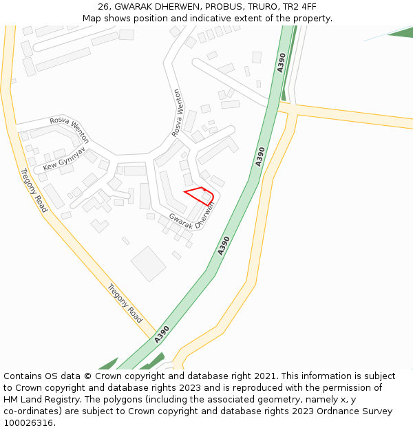 26, GWARAK DHERWEN, PROBUS, TRURO, TR2 4FF: Location map and indicative extent of plot