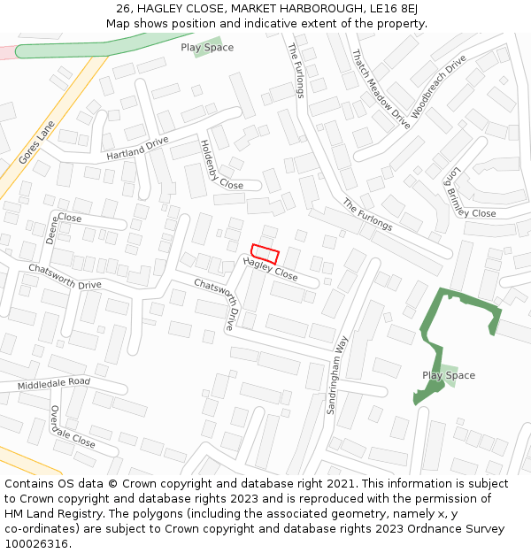 26, HAGLEY CLOSE, MARKET HARBOROUGH, LE16 8EJ: Location map and indicative extent of plot