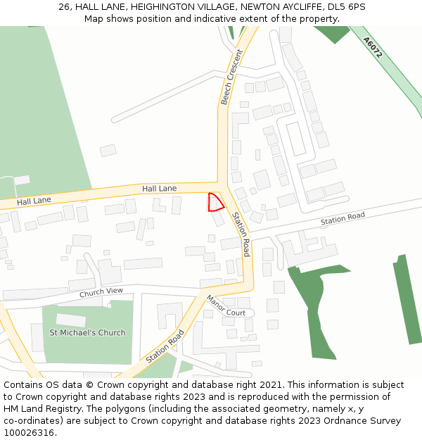 26, HALL LANE, HEIGHINGTON VILLAGE, NEWTON AYCLIFFE, DL5 6PS: Location map and indicative extent of plot